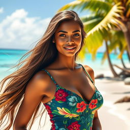 A beautiful 25-year-old Seychellois woman with long flowing hair and enchanting features