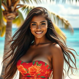 A beautiful 25-year-old Seychellois woman with long flowing hair and enchanting features