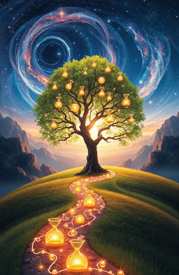 An ethereal landscape symbolizing the heart of time, featuring a vast, swirling cosmos filled with vibrant galaxies, twinkling stars, and floating hourglasses