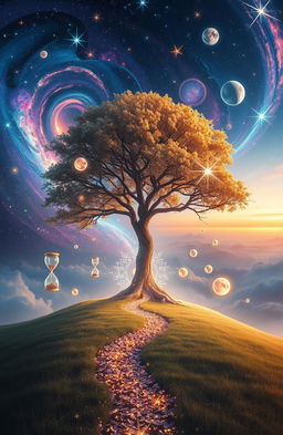 An ethereal landscape symbolizing the heart of time, featuring a vast, swirling cosmos filled with vibrant galaxies, twinkling stars, and floating hourglasses