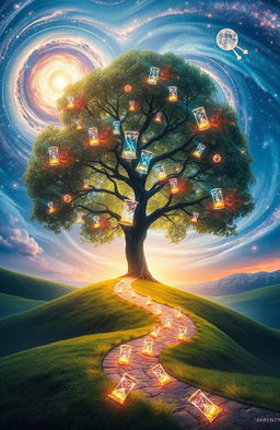 An ethereal landscape symbolizing the heart of time, featuring a vast, swirling cosmos filled with vibrant galaxies, twinkling stars, and floating hourglasses