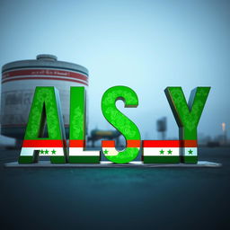 The word 'ALSY' styled in bold letters filled with the vibrant green colors of the Syrian flag, featuring intricate designs to reflect its cultural significance