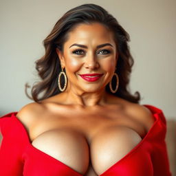 A stunning 40-year-old woman, confidently facing the camera with a provocative expression