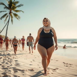 A chubby woman wearing a hijab and a swimsuit walking on the beach, the sun shining brightly, gentle waves in the background, soft sand under her feet, a radiant smile on her face, surrounded by beachgoers enjoying the summer, palm trees swaying nearby, the scene evokes a sense of joy and relaxation
