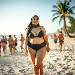 A chubby woman wearing a hijab and a swimsuit walking on the beach, the sun shining brightly, gentle waves in the background, soft sand under her feet, a radiant smile on her face, surrounded by beachgoers enjoying the summer, palm trees swaying nearby, the scene evokes a sense of joy and relaxation