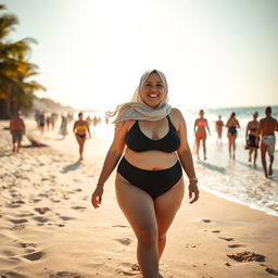 A chubby woman wearing a hijab and a swimsuit walking on the beach, the sun shining brightly, gentle waves in the background, soft sand under her feet, a radiant smile on her face, surrounded by beachgoers enjoying the summer, palm trees swaying nearby, the scene evokes a sense of joy and relaxation