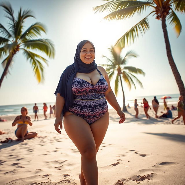 A chubby woman wearing a hijab and a swimsuit walking on the beach, the sun shining brightly, gentle waves in the background, soft sand under her feet, a radiant smile on her face, surrounded by beachgoers enjoying the summer, palm trees swaying nearby, the scene evokes a sense of joy and relaxation