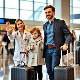 A young doctor at an airport terminal, dressed in a smart casual outfit, standing beside his traveling bag which has a stethoscope peeking out