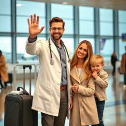 A young doctor at an airport terminal, dressed in a smart casual outfit, standing beside his traveling bag which has a stethoscope peeking out