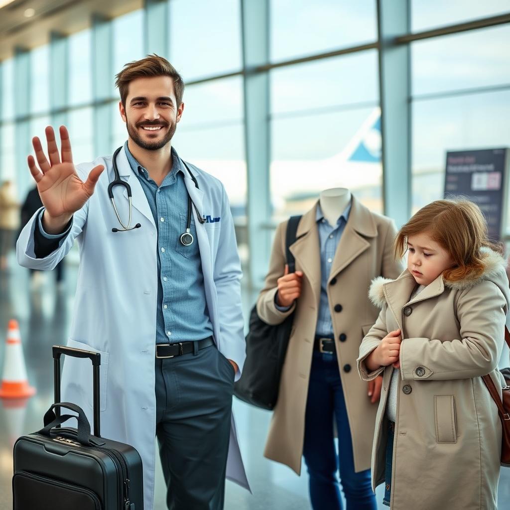 A young doctor at an airport terminal, dressed in a smart casual outfit, standing beside his traveling bag which has a stethoscope peeking out