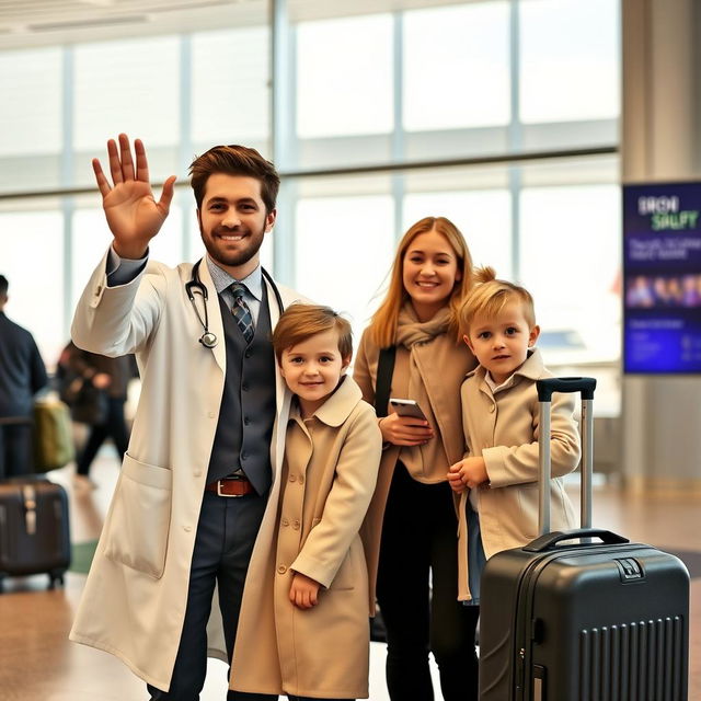 A young doctor at an airport terminal, dressed in a smart casual outfit, standing beside his traveling bag which has a stethoscope peeking out