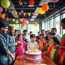 An office setting filled with Indian employees celebrating a young boy's birthday
