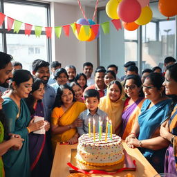 An office setting filled with Indian employees celebrating a young boy's birthday
