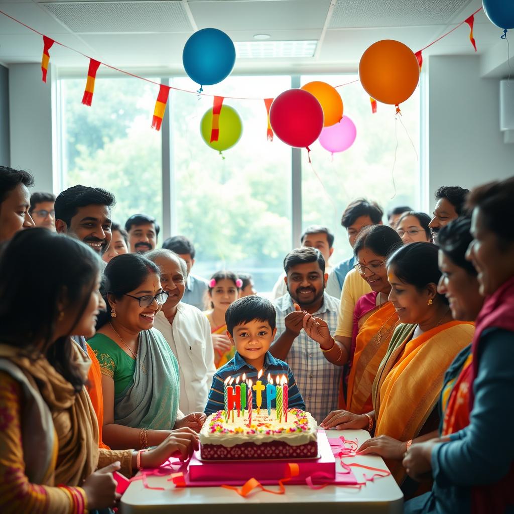 An office setting filled with Indian employees celebrating a young boy's birthday