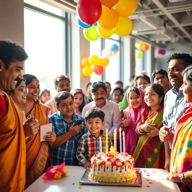 An office setting filled with Indian employees celebrating a young boy's birthday