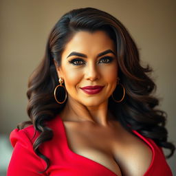A stunning 40-year-old woman, confidently facing the camera with a provocative expression