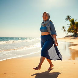 A plus-sized woman wearing a hijab and swimwear walking on the beach