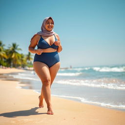 A plus-sized woman wearing a hijab and swimwear walking on the beach