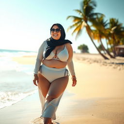 A plus-sized woman wearing a hijab and swimwear walking on the beach