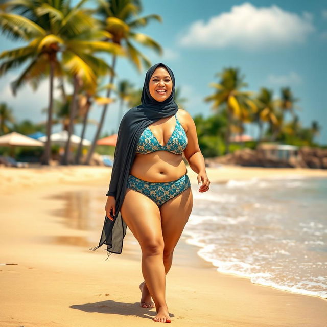 A plus-sized woman wearing a hijab and swimwear walking on the beach