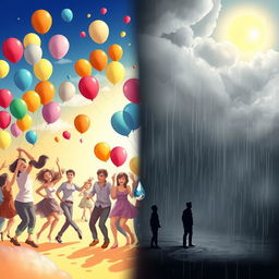 A beautiful composition illustrating the duality of emotions, featuring a split scene: on one side, a vivid display of joy with colorful balloons, laughter, and a bright sunny sky, while on the other side, a more subdued atmosphere with gray tones, rain, and a single teardrop falling