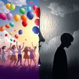 A beautiful composition illustrating the duality of emotions, featuring a split scene: on one side, a vivid display of joy with colorful balloons, laughter, and a bright sunny sky, while on the other side, a more subdued atmosphere with gray tones, rain, and a single teardrop falling