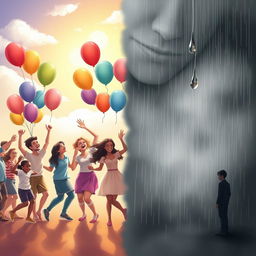 A beautiful composition illustrating the duality of emotions, featuring a split scene: on one side, a vivid display of joy with colorful balloons, laughter, and a bright sunny sky, while on the other side, a more subdued atmosphere with gray tones, rain, and a single teardrop falling
