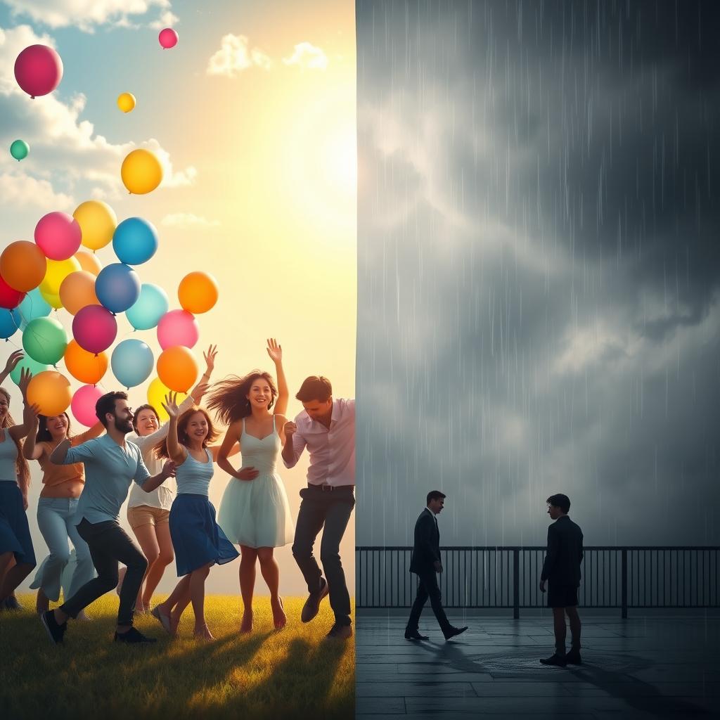 A beautiful composition illustrating the duality of emotions, featuring a split scene: on one side, a vivid display of joy with colorful balloons, laughter, and a bright sunny sky, while on the other side, a more subdued atmosphere with gray tones, rain, and a single teardrop falling