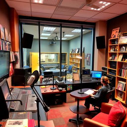 A vibrant and modern radio studio filled with high-tech equipment, large sound mixing consoles, bright LED lights, and a large glass window showing the control room