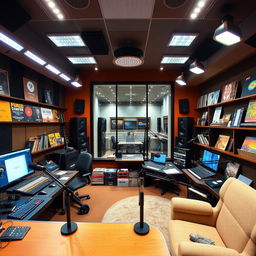 A vibrant and modern radio studio filled with high-tech equipment, large sound mixing consoles, bright LED lights, and a large glass window showing the control room