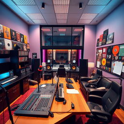 A vibrant and modern radio studio filled with high-tech equipment, large sound mixing consoles, bright LED lights, and a large glass window showing the control room
