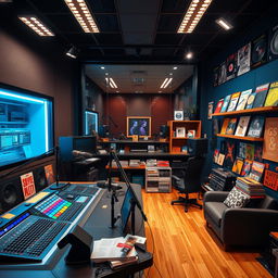 A vibrant and modern radio studio filled with high-tech equipment, large sound mixing consoles, bright LED lights, and a large glass window showing the control room