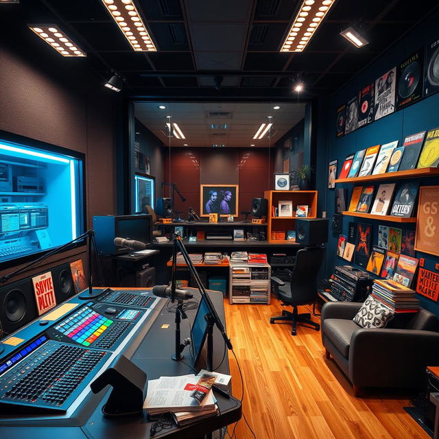 A vibrant and modern radio studio filled with high-tech equipment, large sound mixing consoles, bright LED lights, and a large glass window showing the control room