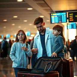 A young male doctor in a crowded airport terminal, standing near a departure gate