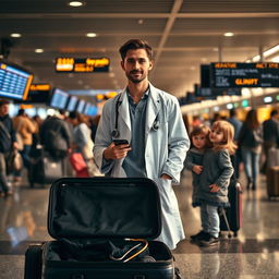 A young male doctor in a crowded airport terminal, standing near a departure gate