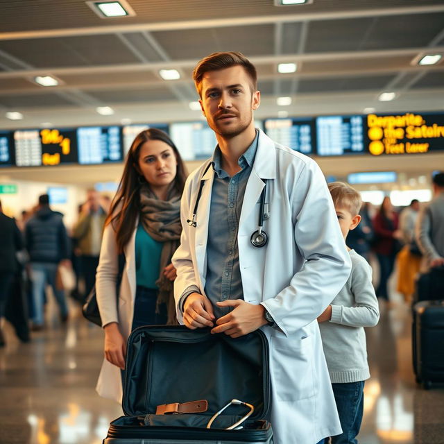 A young male doctor in a crowded airport terminal, standing near a departure gate