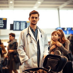 A young male doctor in a crowded airport terminal, standing near a departure gate