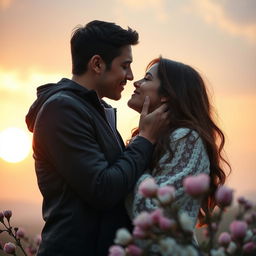 A romantic scene capturing the intimate moment of two people sharing a kiss