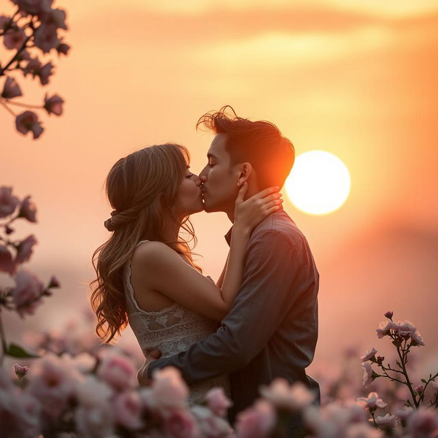 A romantic scene capturing the intimate moment of two people sharing a kiss