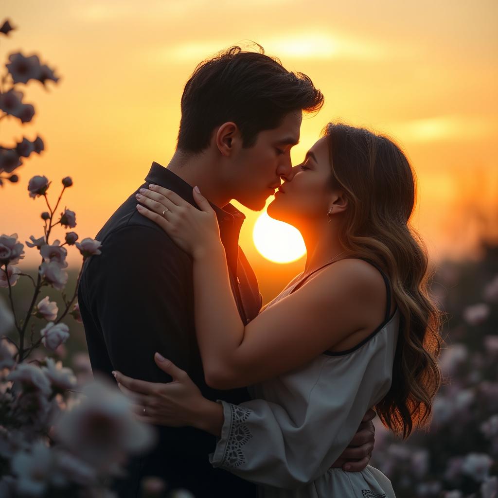 A romantic scene capturing the intimate moment of two people sharing a kiss