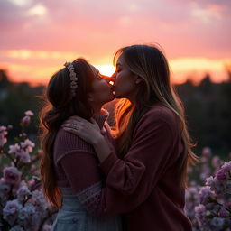 A romantic scene capturing the intimate moment of two people sharing a kiss