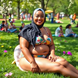 A confident, plus-sized woman wearing a colorful swimsuit and a stylish hijab, sitting comfortably in a public park filled with lush green grass and blooming flowers
