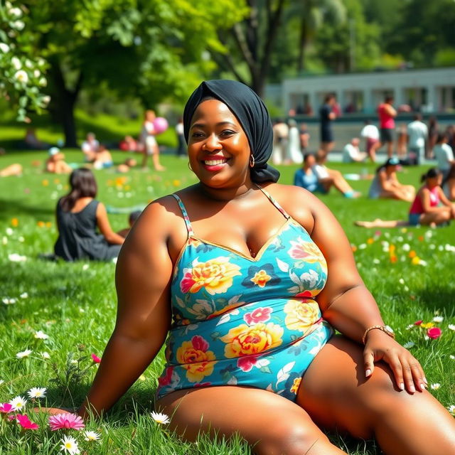 A confident, plus-sized woman wearing a colorful swimsuit and a stylish hijab, sitting comfortably in a public park filled with lush green grass and blooming flowers