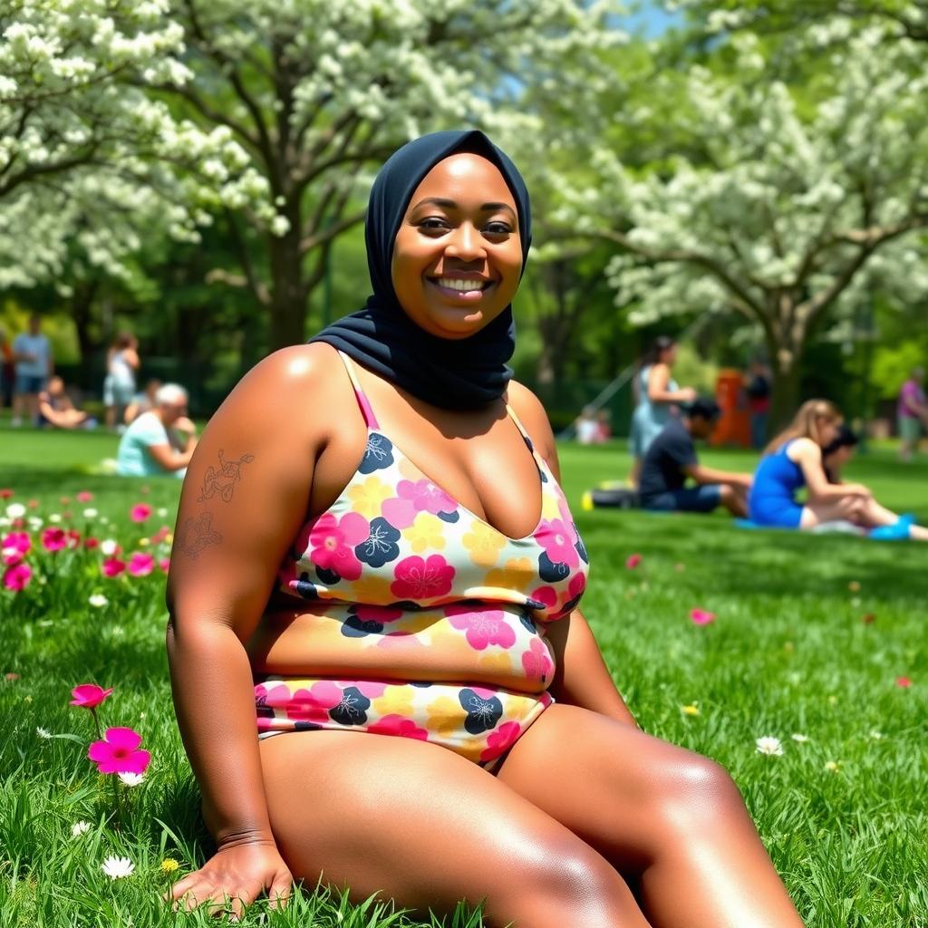 A confident, plus-sized woman wearing a colorful swimsuit and a stylish hijab, sitting comfortably in a public park filled with lush green grass and blooming flowers