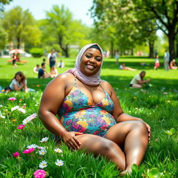 A confident, plus-sized woman wearing a colorful swimsuit and a stylish hijab, sitting comfortably in a public park filled with lush green grass and blooming flowers