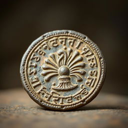 An ancient Indian bronze coin, showcasing intricate designs unique to Indian culture, featuring a traditional motif such as a peacock or lotus flower