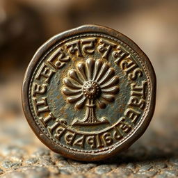 An ancient Indian bronze coin, showcasing intricate designs unique to Indian culture, featuring a traditional motif such as a peacock or lotus flower