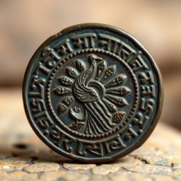 An ancient Indian bronze coin, showcasing intricate designs unique to Indian culture, featuring a traditional motif such as a peacock or lotus flower