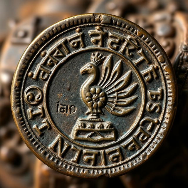 An ancient Indian bronze coin, showcasing intricate designs unique to Indian culture, featuring a traditional motif such as a peacock or lotus flower