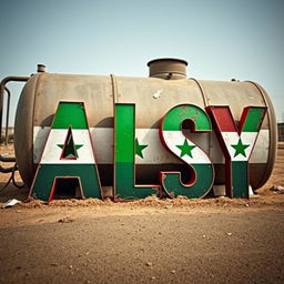 The word 'A L S Y' prominently displayed in bold, dynamic lettering, colored with the vibrant green hues of the Syrian flag